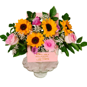 Box cartera girasoles con rosas Rosadas y follaje del día