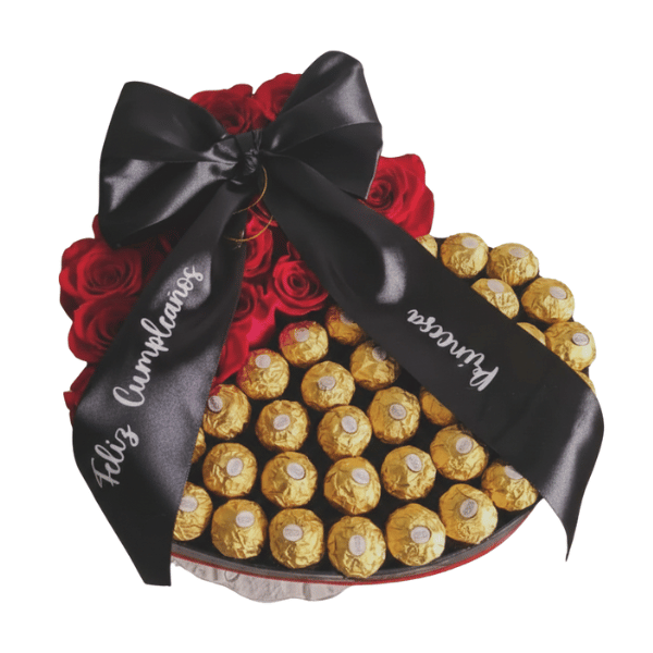 Box tamaño L de Rosas con ferreros y listón personalizado