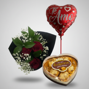 Promoción 3 Rosas Rojas + Chocolate Valente + Globo