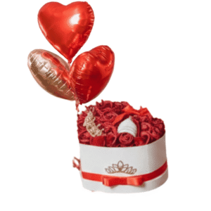 BOX de rosas, corona y 3 globo helio