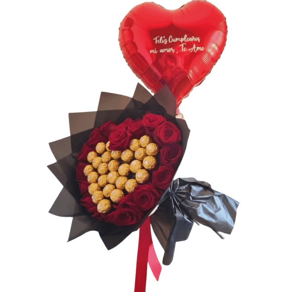 Ramo de rosas Naturales, ferrero y globo helio