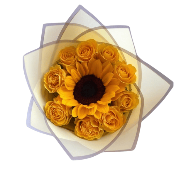 Ramo de 9 Rosas y Girasol