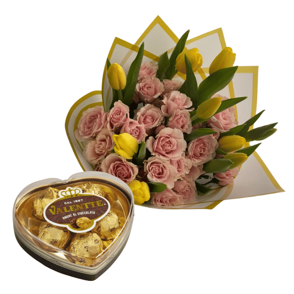 Ramo de Rosas, Tulipanes y 5 bombones