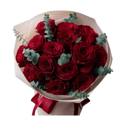 12 rosas con eucalipto o ruscu