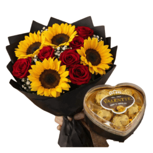 4 girasoles y 10 rosas rojas