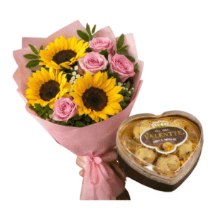 8 rosas Rosadas + 3 girasoles y chocolate