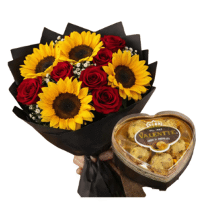 4 girasoles y 10 rosas rojas