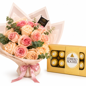 Ramo de 15 rosas colores Claras con Chocolates Ferrero T8