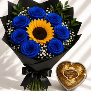 Ramo de Rosas Azules, Girasol y Bombones