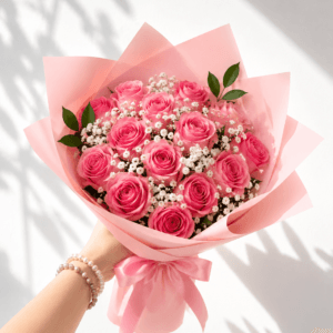 Ramo de 25 rosas Rosadas y gipsofila