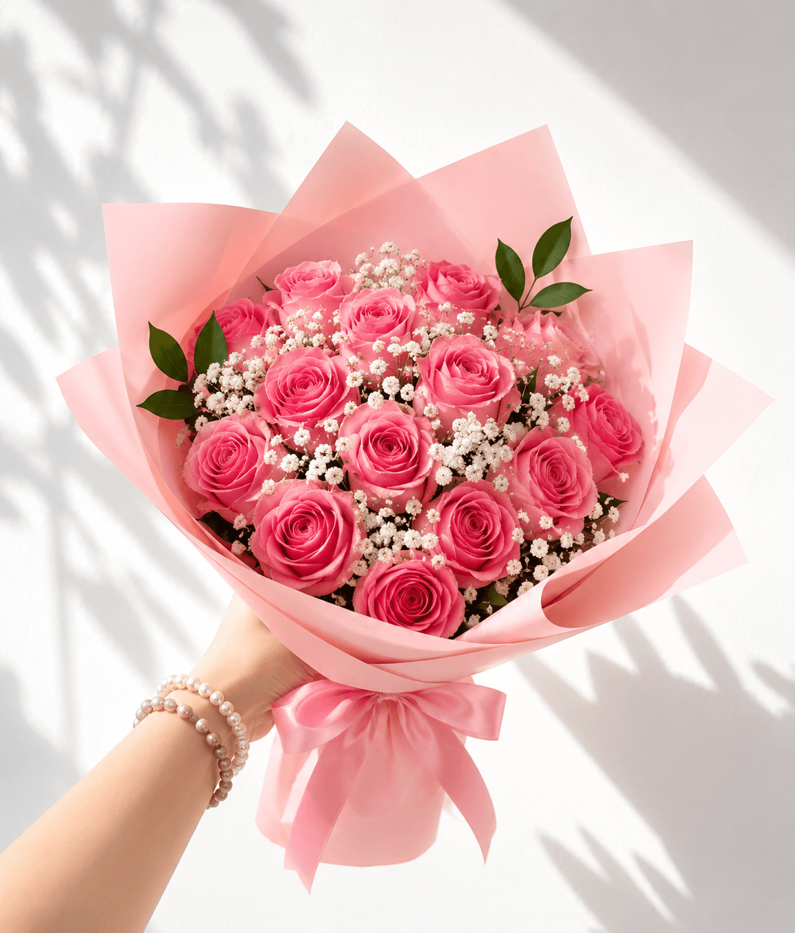 Ramo de 25 rosas Rosadas y gipsofila