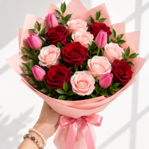 Ramo de 5 Rosas Rojas, 6 Rosas Rosadas & 5 Tulipanes
