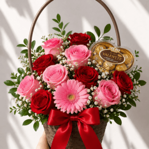 Canasta de rosas & Chocolate T5 valentte con 1 gerbera