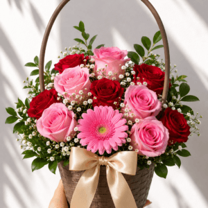 Canasta con Rosas Rosadas y Rojas con 1 gerbera