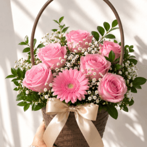 Canasta de 6 rosas rosadas + 1 gerberas y follajes del dia