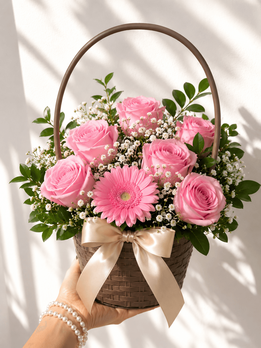 Canasta de 6 rosas rosadas + 1 gerberas y follajes del dia