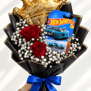 Ramo de 2 rosas rojas y un auto Hot Wheels Con globo