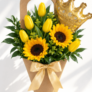 Ramo en canasta de Eco tulipanes con girasoles
