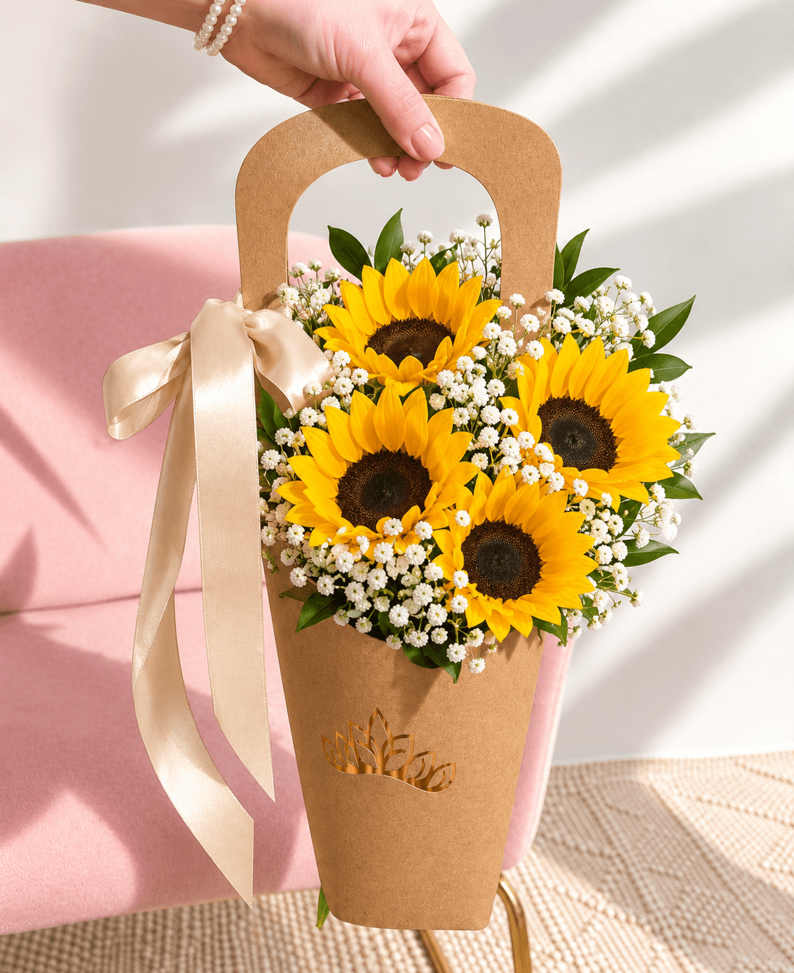 Ramo de 4 girasoles más follajes del día