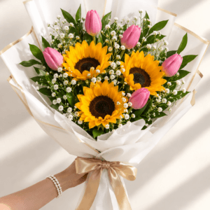 RAMO DE 5 TULIPANES Y 3 GIRASOLES